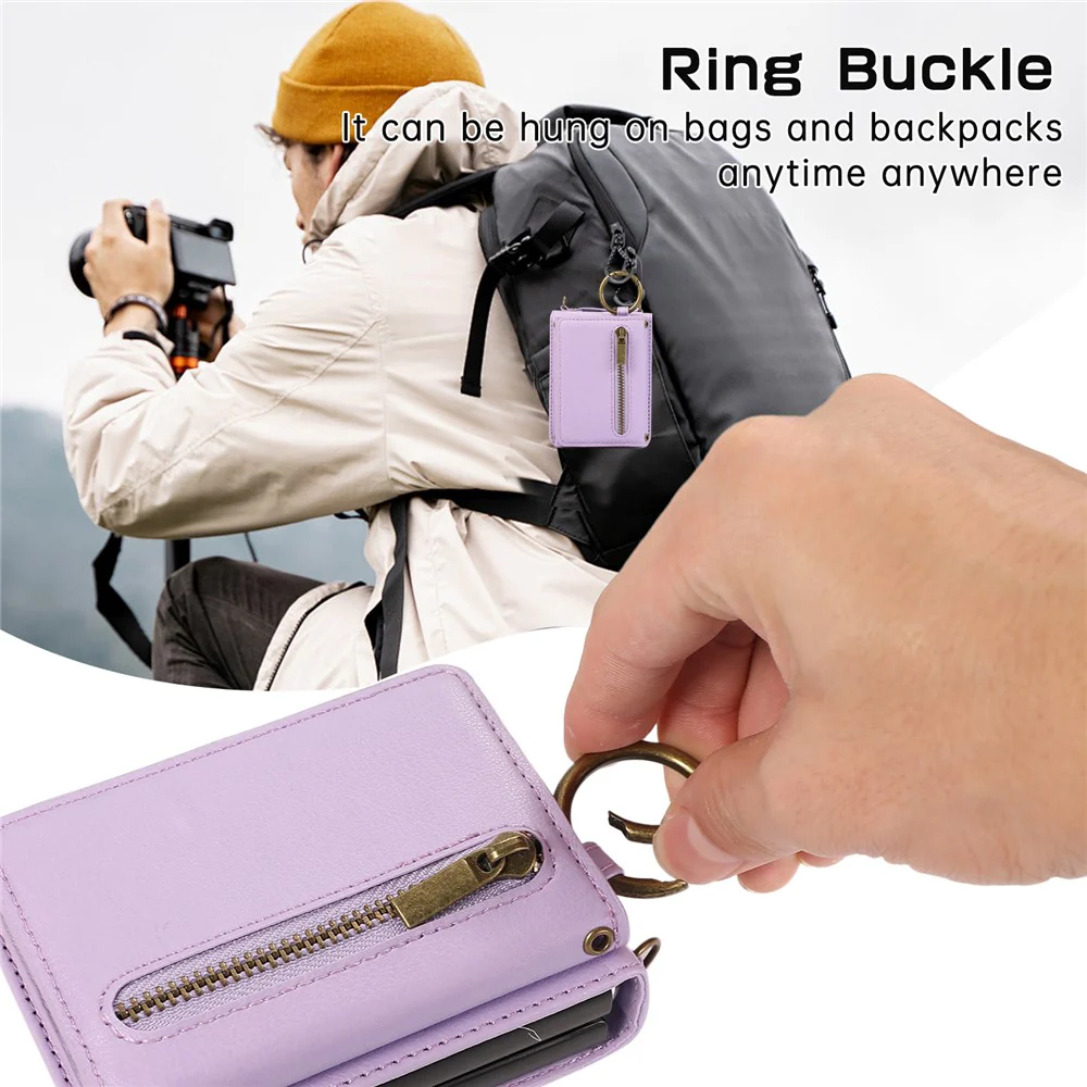 For Samsung Galaxy Z Flip7 FE 5G / Z Flip6 5G Leather Back Cover Zipper Wallet Kickstand Phone Case with Shoulder Strap - Purple - Image 6