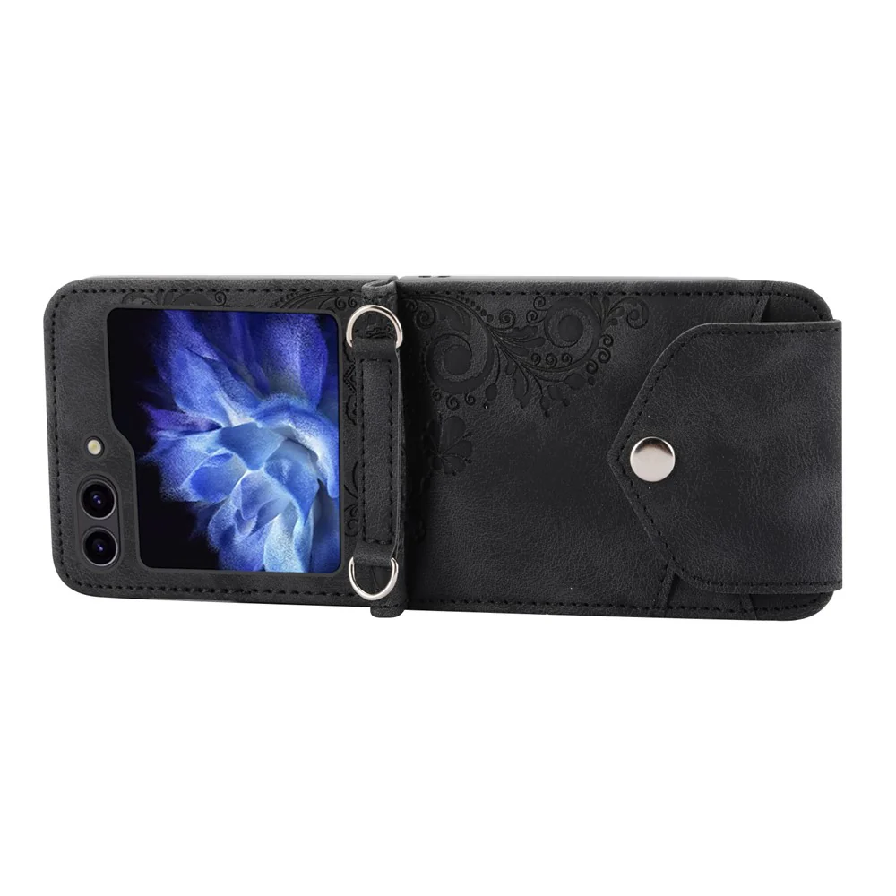 For Samsung Galaxy Z Flip7 FE 5G / Z Flip6 5G Leather Case Multiple Card Slots Phone Cover with Shoulder Strap - Black - Image 5