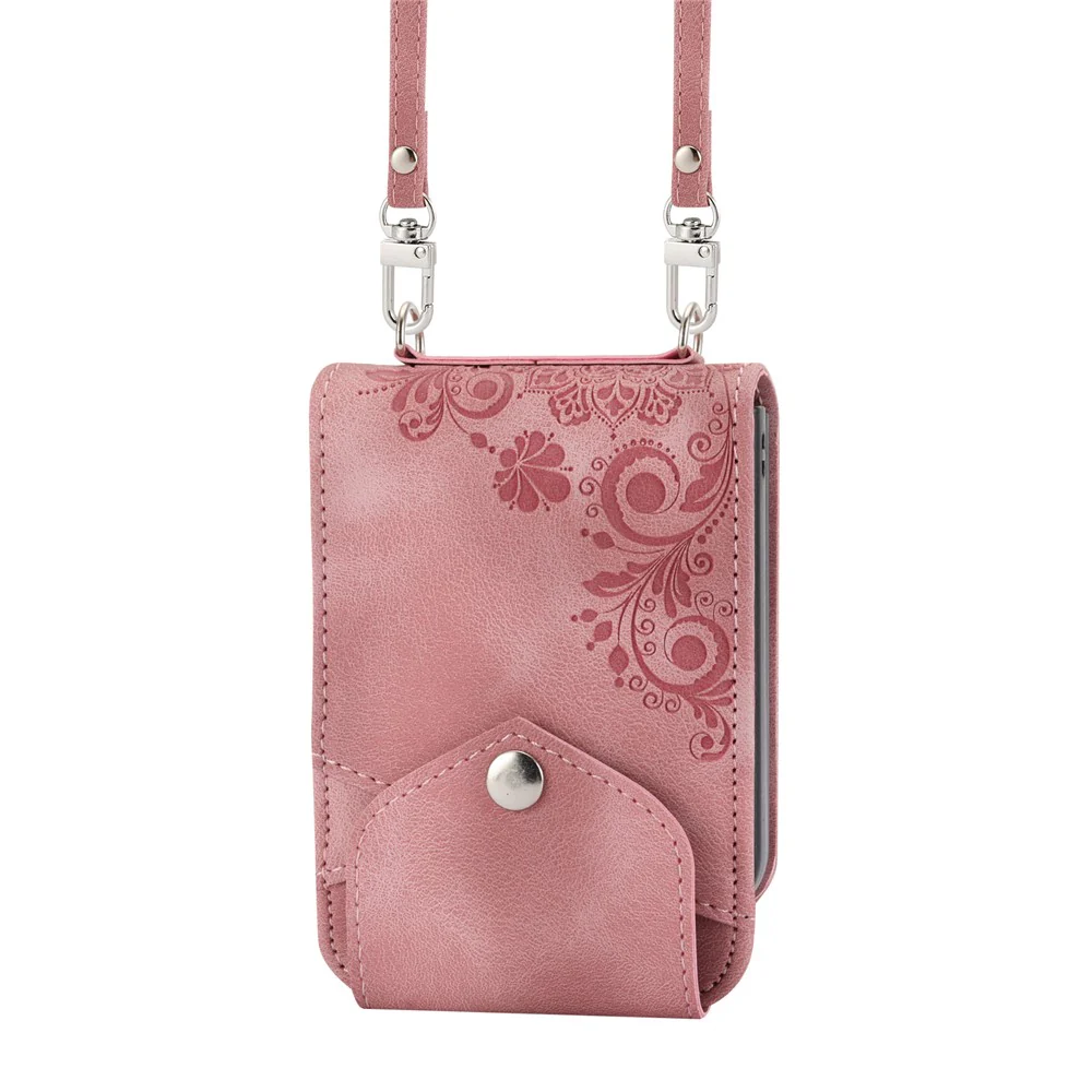 For Samsung Galaxy Z Flip7 FE 5G / Z Flip6 5G Leather Case Multiple Card Slots Phone Cover with Shoulder Strap - Pink - Image 3