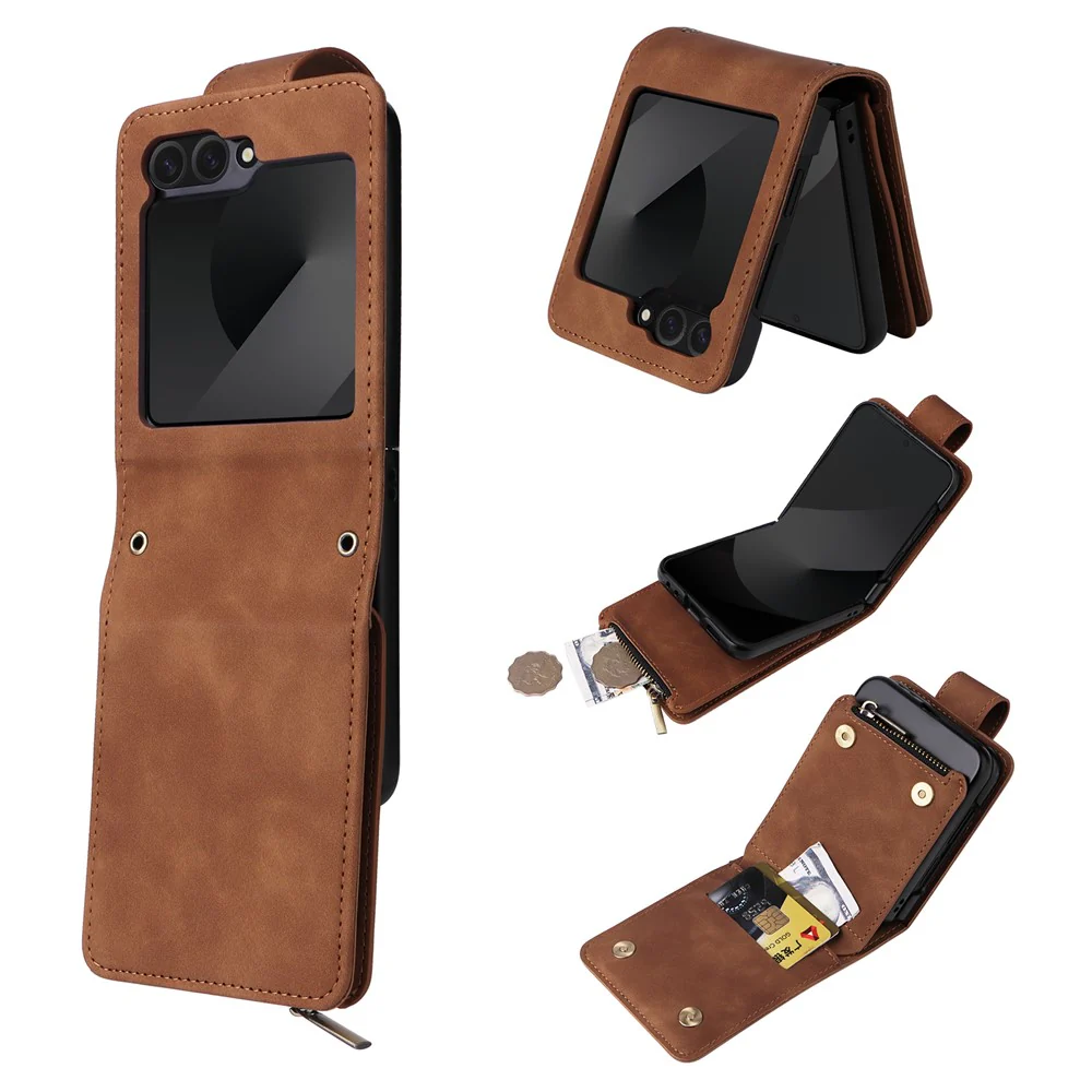For Samsung Galaxy Z Flip7 FE 5G / Z Flip6 5G Leather Case Zipper Wallet Phone Cover with Shoulder Strap - Brown