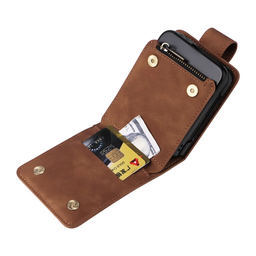 For Samsung Galaxy Z Flip7 FE 5G / Z Flip6 5G Leather Case Zipper Wallet Phone Cover with Shoulder Strap - Brown - Image 6