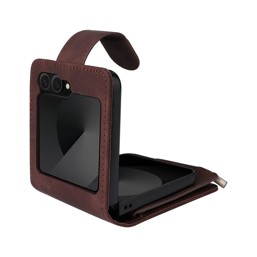 For Samsung Galaxy Z Flip7 FE 5G / Z Flip6 5G Leather Case Zipper Wallet Phone Cover with Shoulder Strap - Coffee - Image 2