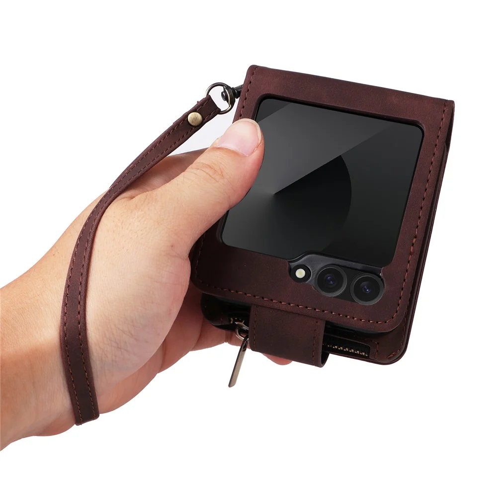 For Samsung Galaxy Z Flip7 FE 5G / Z Flip6 5G Leather Case Zipper Wallet Phone Cover with Shoulder Strap - Coffee - Image 7