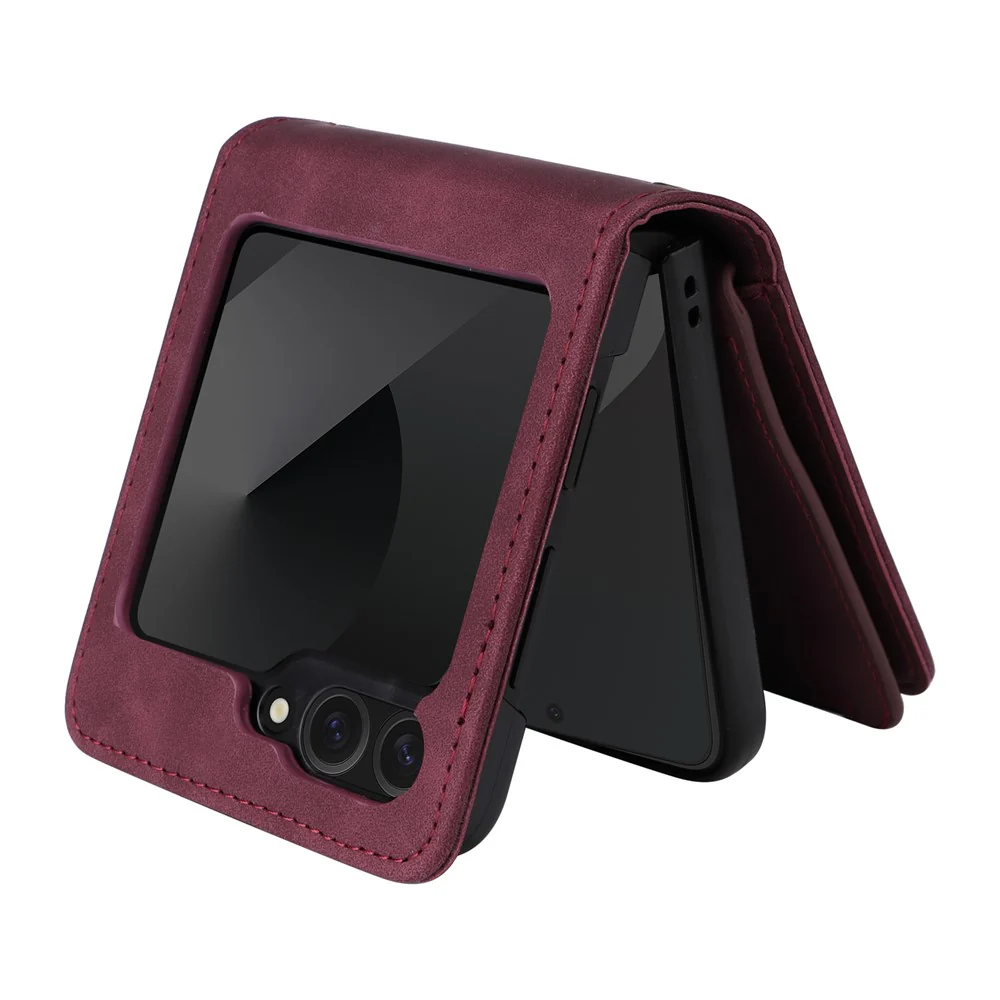For Samsung Galaxy Z Flip7 FE 5G / Z Flip6 5G Leather Case Zipper Wallet Phone Cover with Shoulder Strap - Wine Red - Image 3