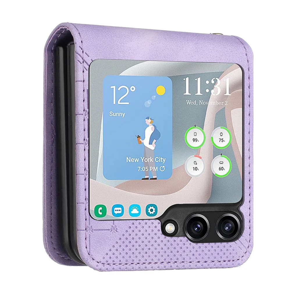 For Samsung Galaxy Z Flip7 FE 5G / Z Flip6 5G Leather Wallet Case Butterfly Flower Imprinted Phone Cover with Strap - Light Purple - Image 3