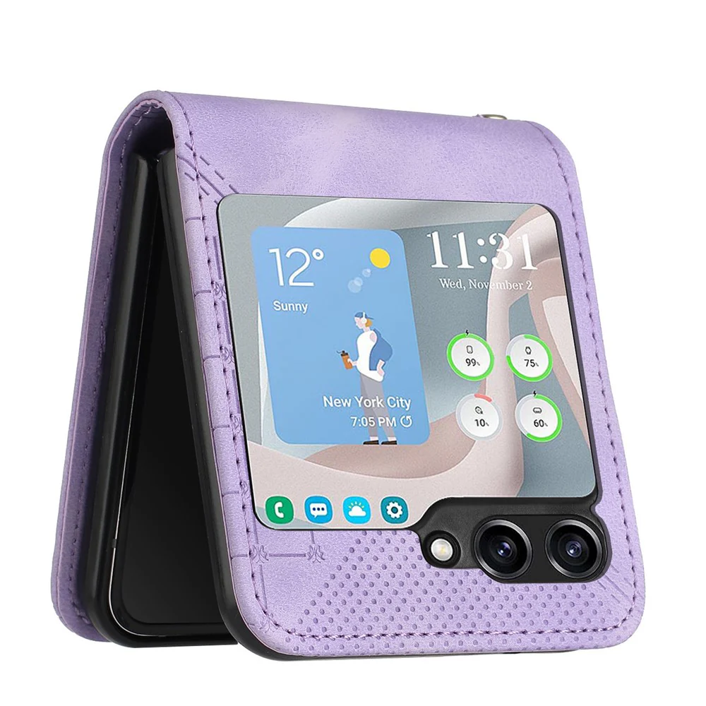 For Samsung Galaxy Z Flip7 FE 5G / Z Flip6 5G Leather Wallet Case Butterfly Flower Imprinted Phone Cover with Strap - Light Purple - Image 4