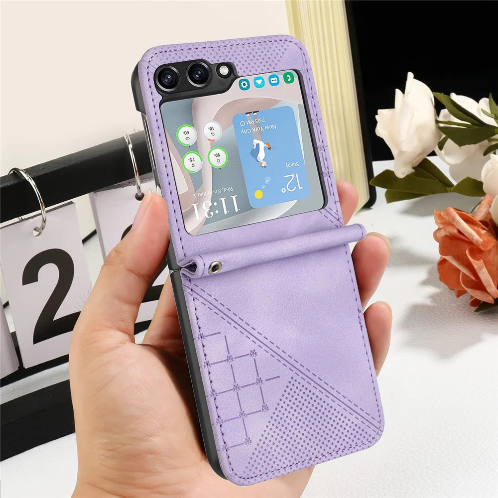 For Samsung Galaxy Z Flip7 FE 5G / Z Flip6 5G Leather Wallet Case Butterfly Flower Imprinted Phone Cover with Strap - Light Purple - Image 7