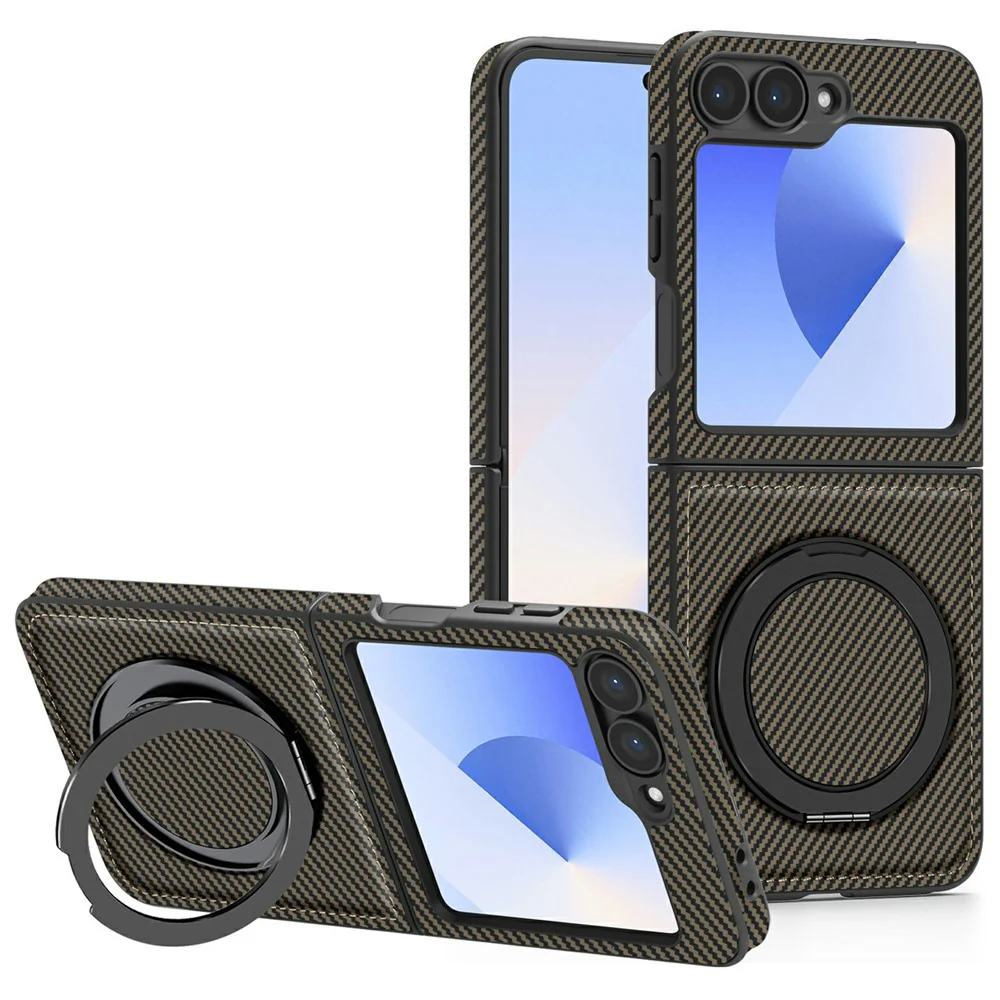 For Samsung Galaxy Z Flip7 FE 5G / Z Flip6 5G Magnetic Case Carbon Fiber Texture PU+TPU Kickstand Phone Cover - Coffee - Image 2
