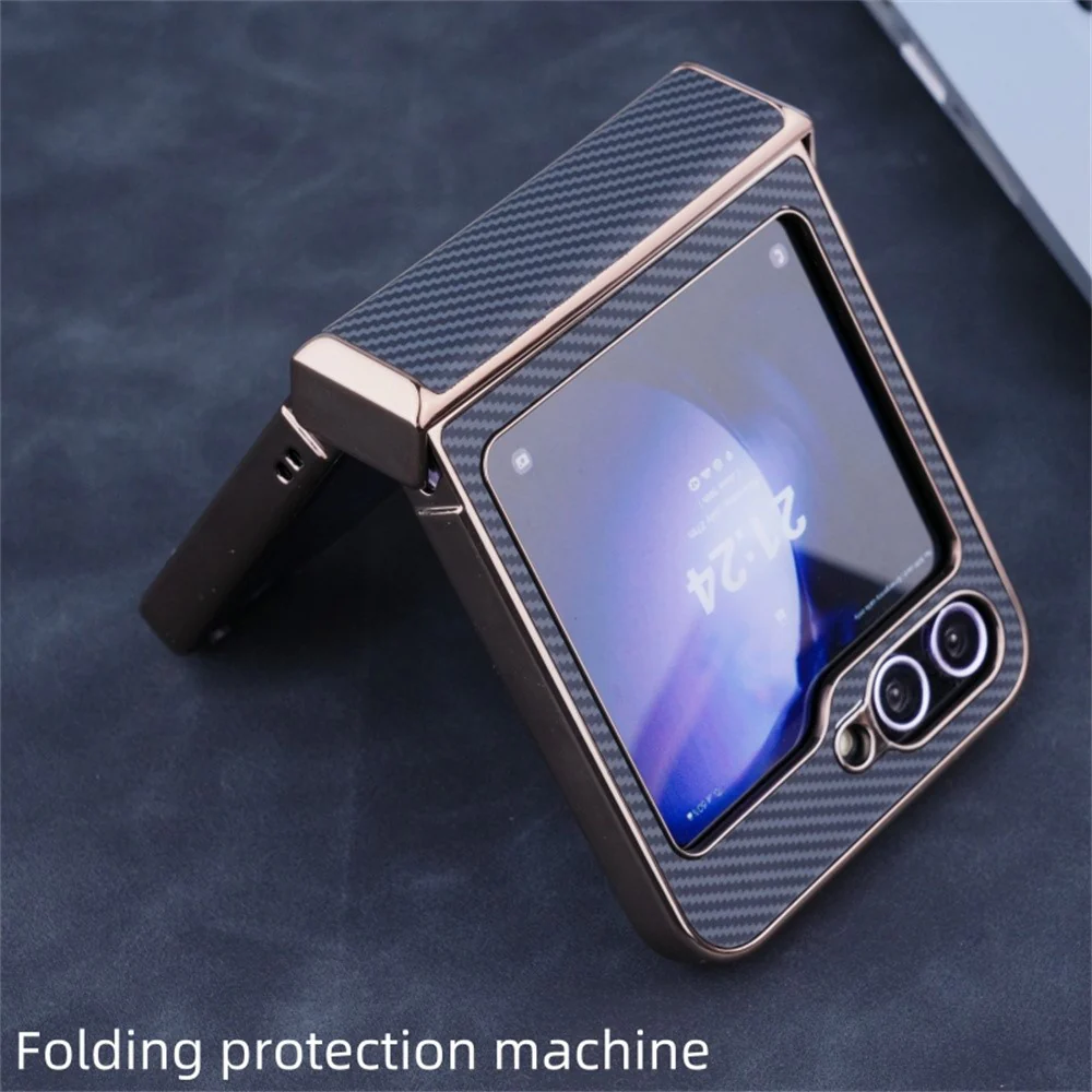 For Samsung Galaxy Z Flip7 FE 5G / Z Flip6 5G Magnetic Case Hinge Protection Carbon Fiber Texture Leather+PC Phone Cover - Navy Blue - Image 3