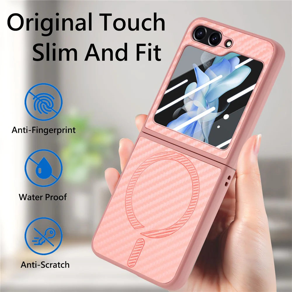 For Samsung Galaxy Z Flip7 FE 5G / Z Flip6 5G Magnetic Case Leather+PC Folding Phone Cover with Rear Screen Film - Pink - Image 6