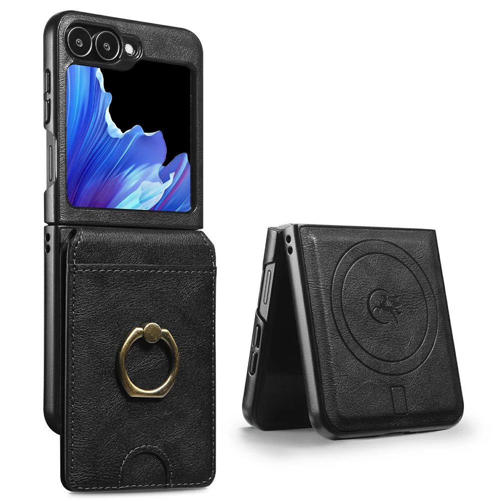 For Samsung Galaxy Z Flip7 FE 5G / Z Flip6 5G Magnetic Case PC + PU Phone Back Cover with Detachable Card Holder - Black - Image 2