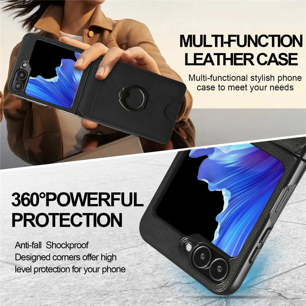 For Samsung Galaxy Z Flip7 FE 5G / Z Flip6 5G Magnetic Case PC + PU Phone Back Cover with Detachable Card Holder - Black - Image 7