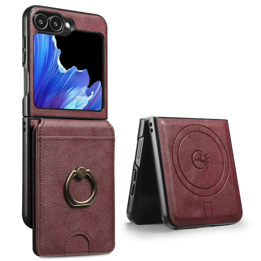 For Samsung Galaxy Z Flip7 FE 5G / Z Flip6 5G Magnetic Case PC + PU Phone Back Cover with Detachable Card Holder - Red - Image 2