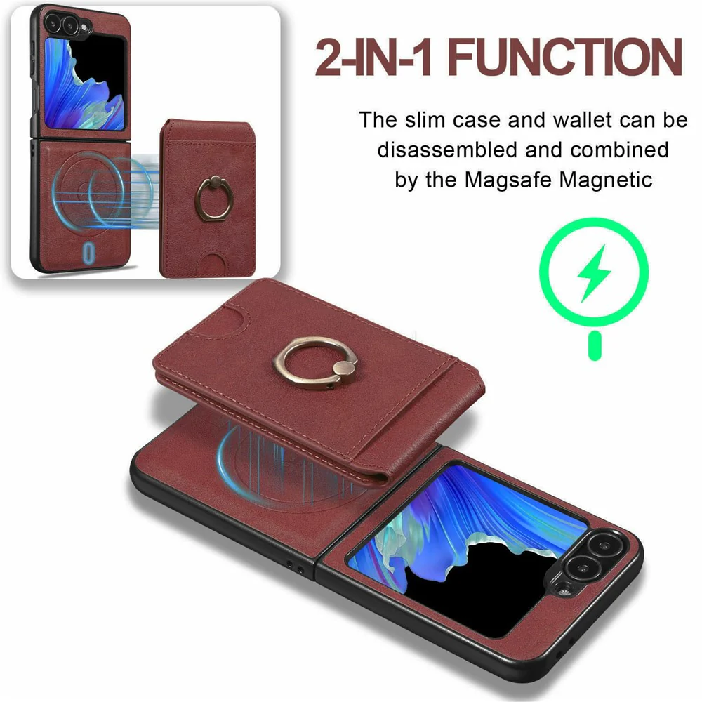 For Samsung Galaxy Z Flip7 FE 5G / Z Flip6 5G Magnetic Case PC + PU Phone Back Cover with Detachable Card Holder - Red - Image 3