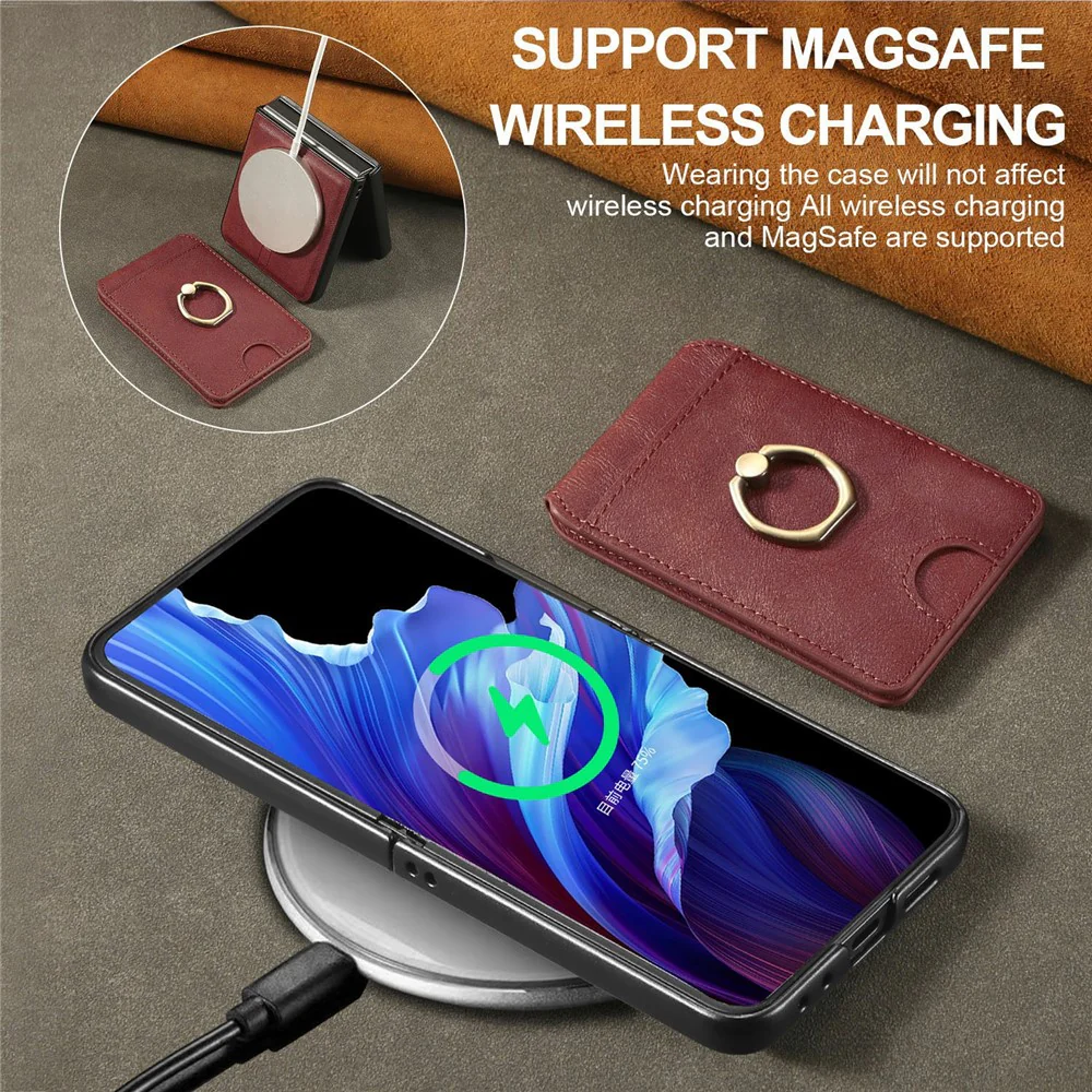 For Samsung Galaxy Z Flip7 FE 5G / Z Flip6 5G Magnetic Case PC + PU Phone Back Cover with Detachable Card Holder - Red - Image 4