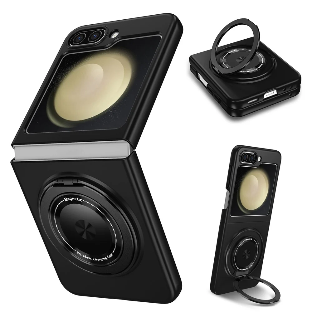 For Samsung Galaxy Z Flip7 FE 5G / Z Flip6 5G Magnetic Case Rotating Kickstand PC Hard Phone Cover - Black