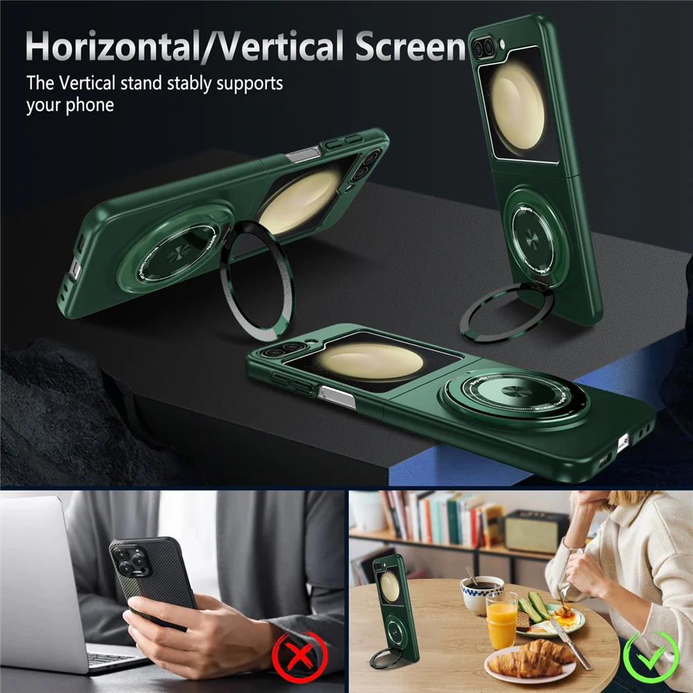 For Samsung Galaxy Z Flip7 FE 5G / Z Flip6 5G Magnetic Case Rotating Kickstand PC Hard Phone Cover - Blackish Green - Image 2