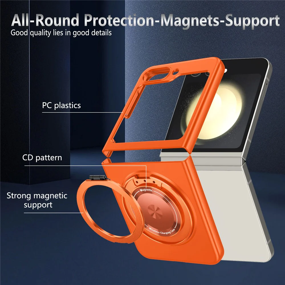 For Samsung Galaxy Z Flip7 FE 5G / Z Flip6 5G Magnetic Case Rotating Kickstand PC Hard Phone Cover - Orange - Image 4