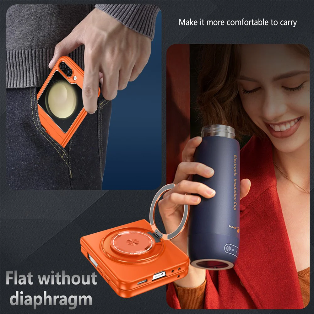For Samsung Galaxy Z Flip7 FE 5G / Z Flip6 5G Magnetic Case Rotating Kickstand PC Hard Phone Cover - Orange - Image 5