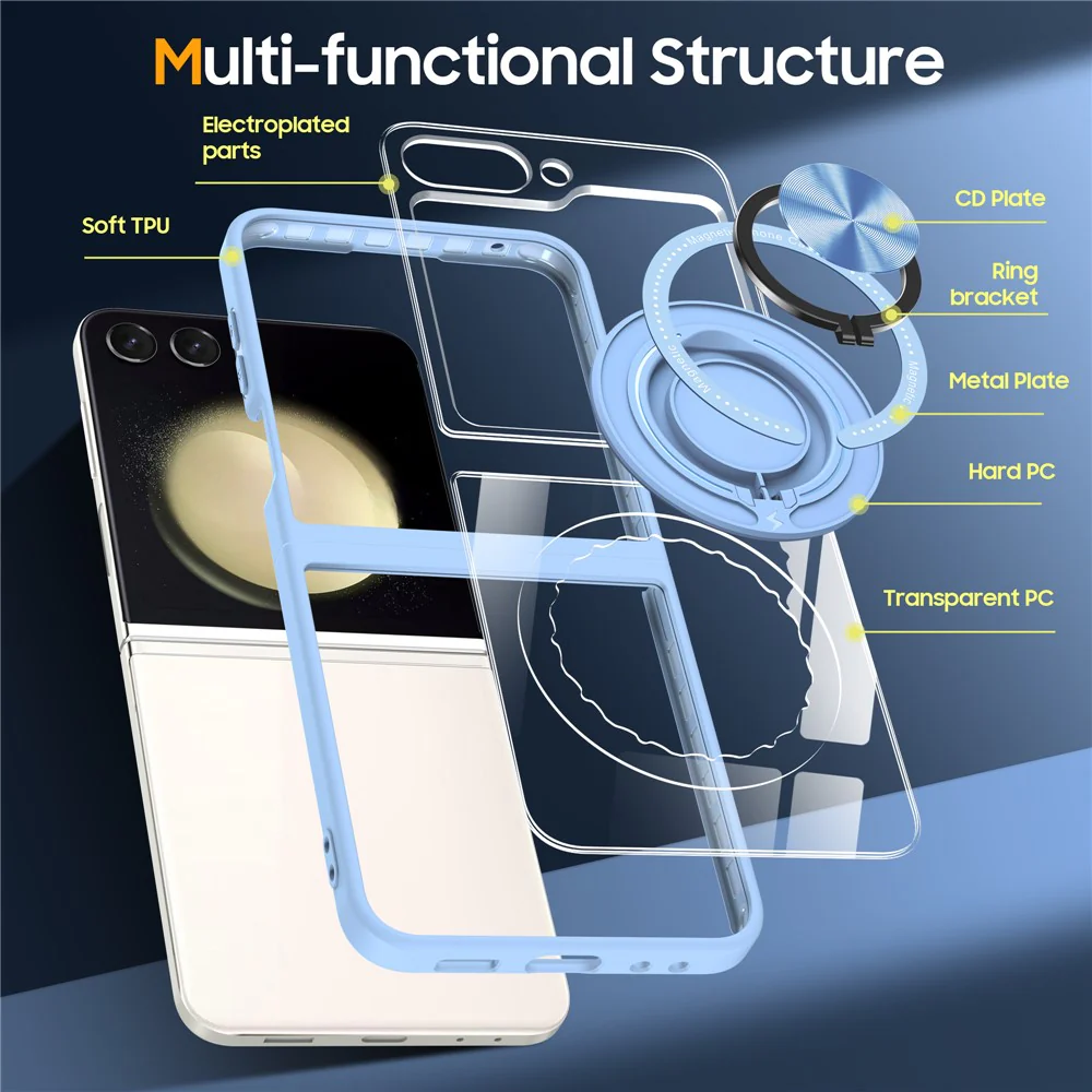 For Samsung Galaxy Z Flip7 FE 5G / Z Flip6 5G Magnetic Case TPU Frame Clear PC Back Kickstand Phone Cover - Baby Blue - Image 5