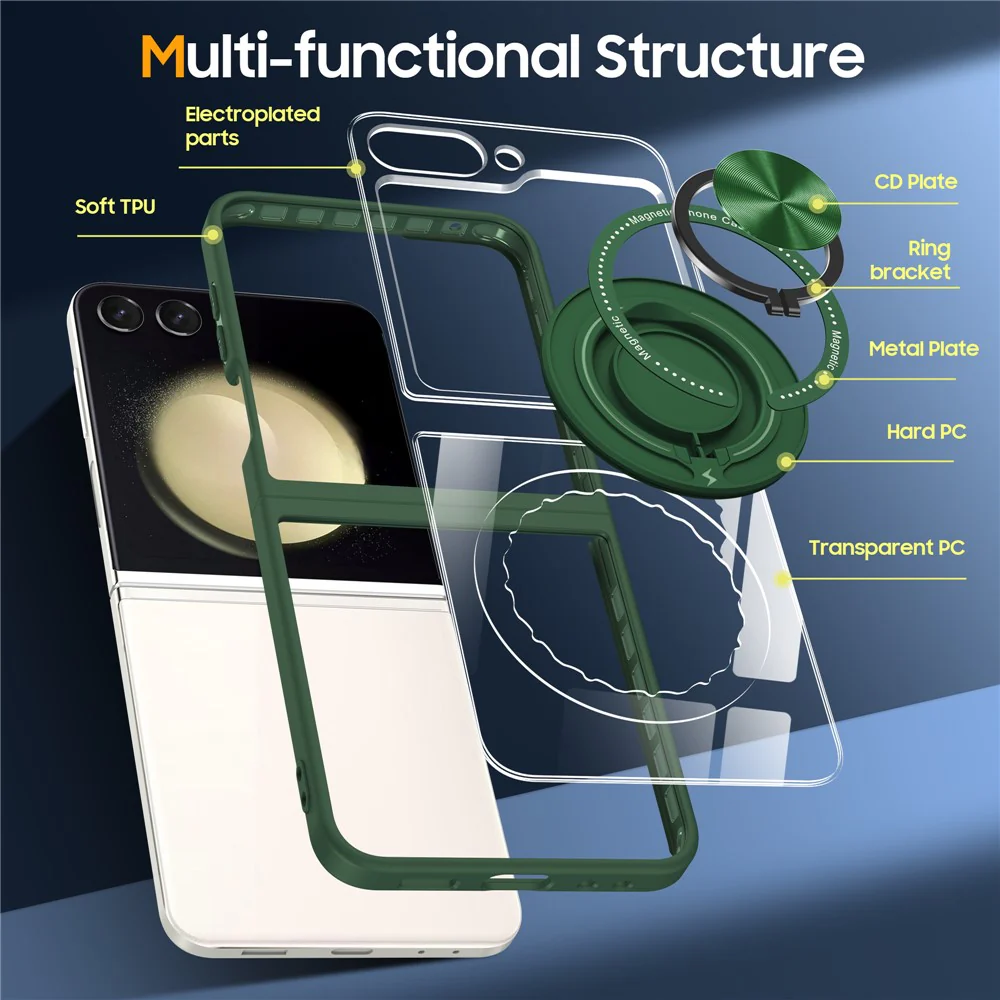 For Samsung Galaxy Z Flip7 FE 5G / Z Flip6 5G Magnetic Case TPU Frame Clear PC Back Kickstand Phone Cover - Blackish Green - Image 5