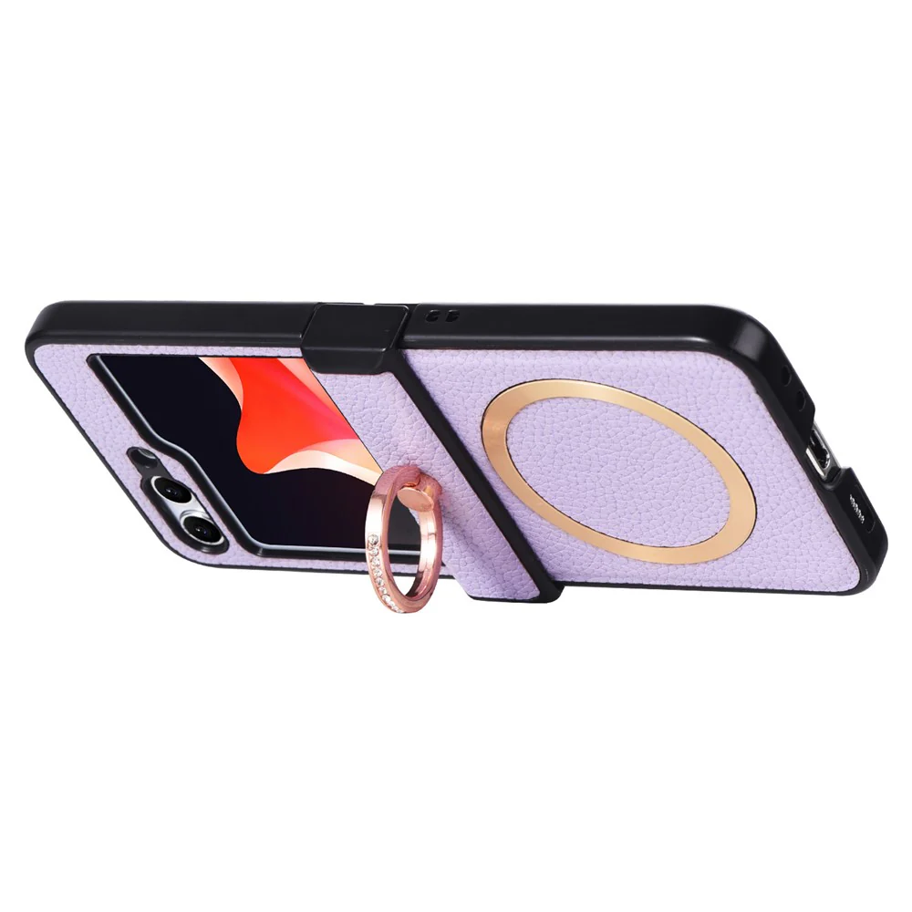 For Samsung Galaxy Z Flip7 FE 5G / Z Flip6 5G Magnetic Case with Ring Kickstand Leather + PC Phone Cover Hinge Protection - Green - Image 4