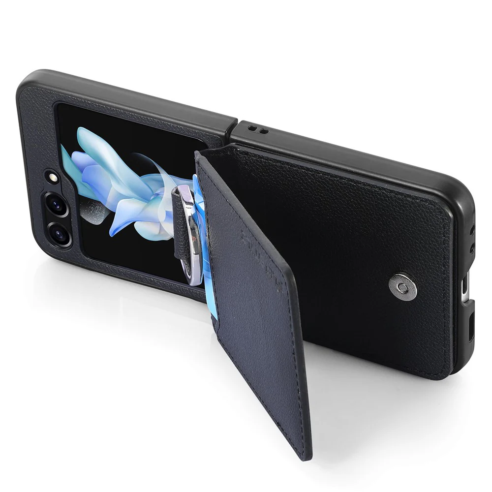 For Samsung Galaxy Z Flip7 FE 5G / Z Flip6 5G Phone Case Card Slot Kickstand PU+PC Cover with Finger Ring - Black - Image 3