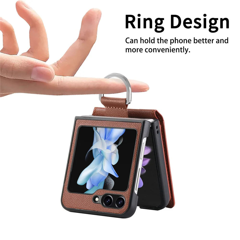 For Samsung Galaxy Z Flip7 FE 5G / Z Flip6 5G Phone Case Card Slot Kickstand PU+PC Cover with Finger Ring - Brown - Image 6