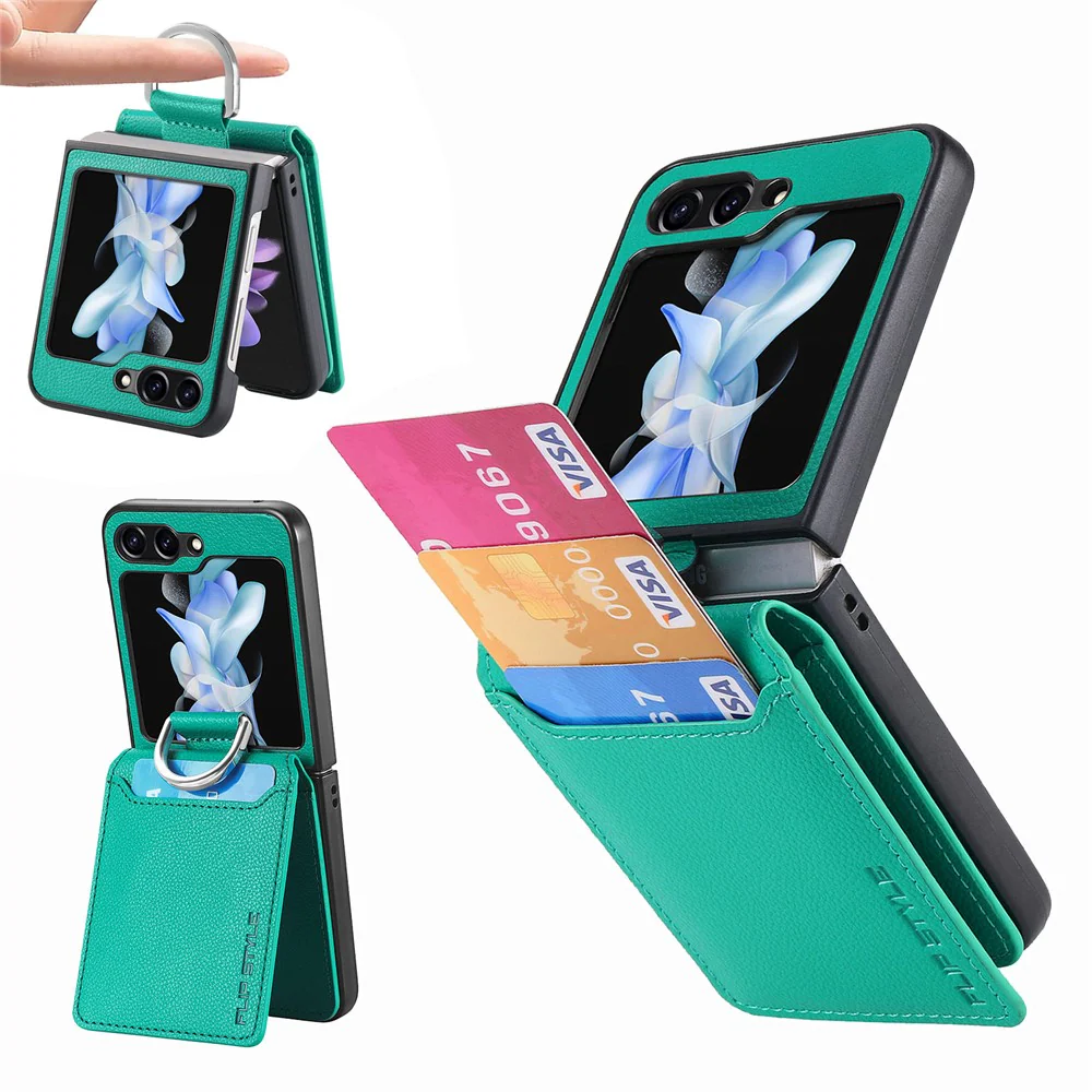 For Samsung Galaxy Z Flip7 FE 5G / Z Flip6 5G Phone Case Card Slot Kickstand PU+PC Cover with Finger Ring - Green