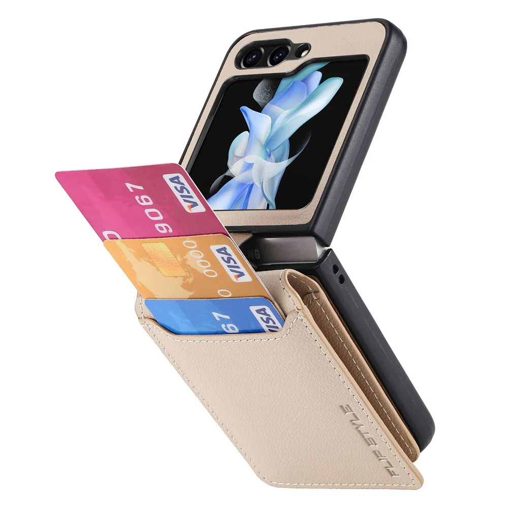 For Samsung Galaxy Z Flip7 FE 5G / Z Flip6 5G Phone Case Card Slot Kickstand PU+PC Cover with Finger Ring - Khaki - Image 5
