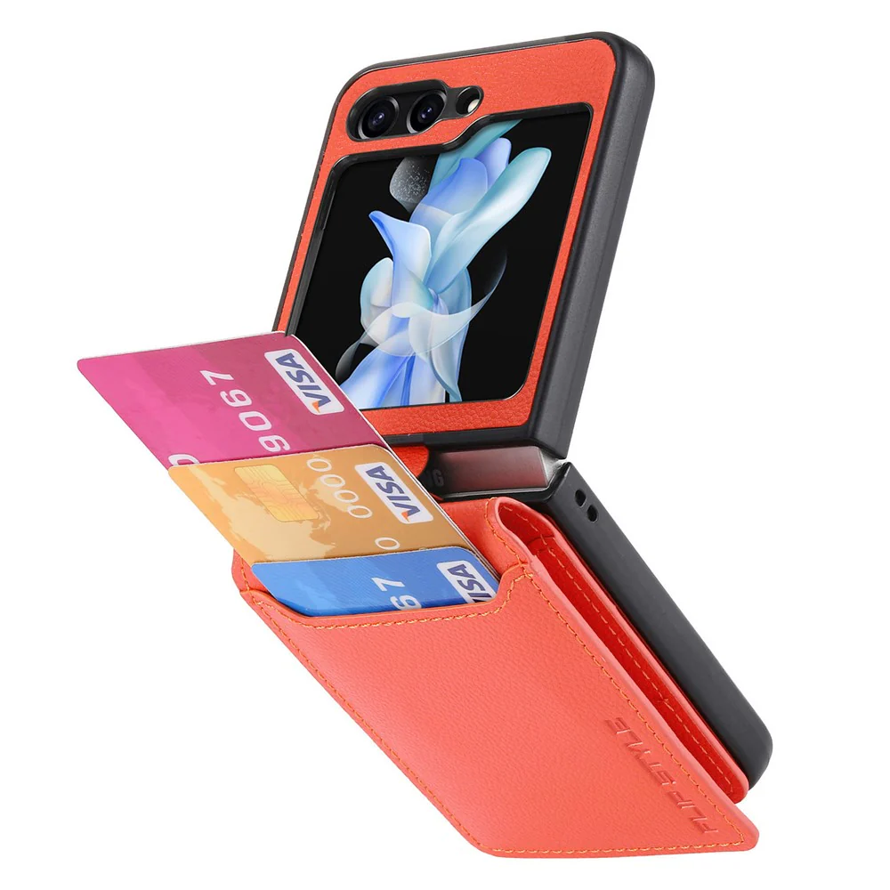 For Samsung Galaxy Z Flip7 FE 5G / Z Flip6 5G Phone Case Card Slot Kickstand PU+PC Cover with Finger Ring - Orange - Image 5