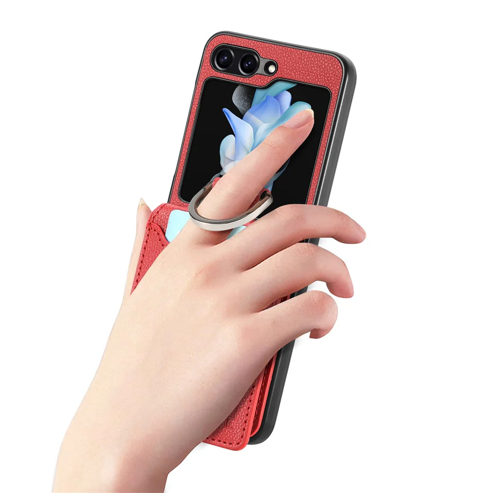 For Samsung Galaxy Z Flip7 FE 5G / Z Flip6 5G Phone Case Card Slot Kickstand PU+PC Cover with Finger Ring - Red - Image 7