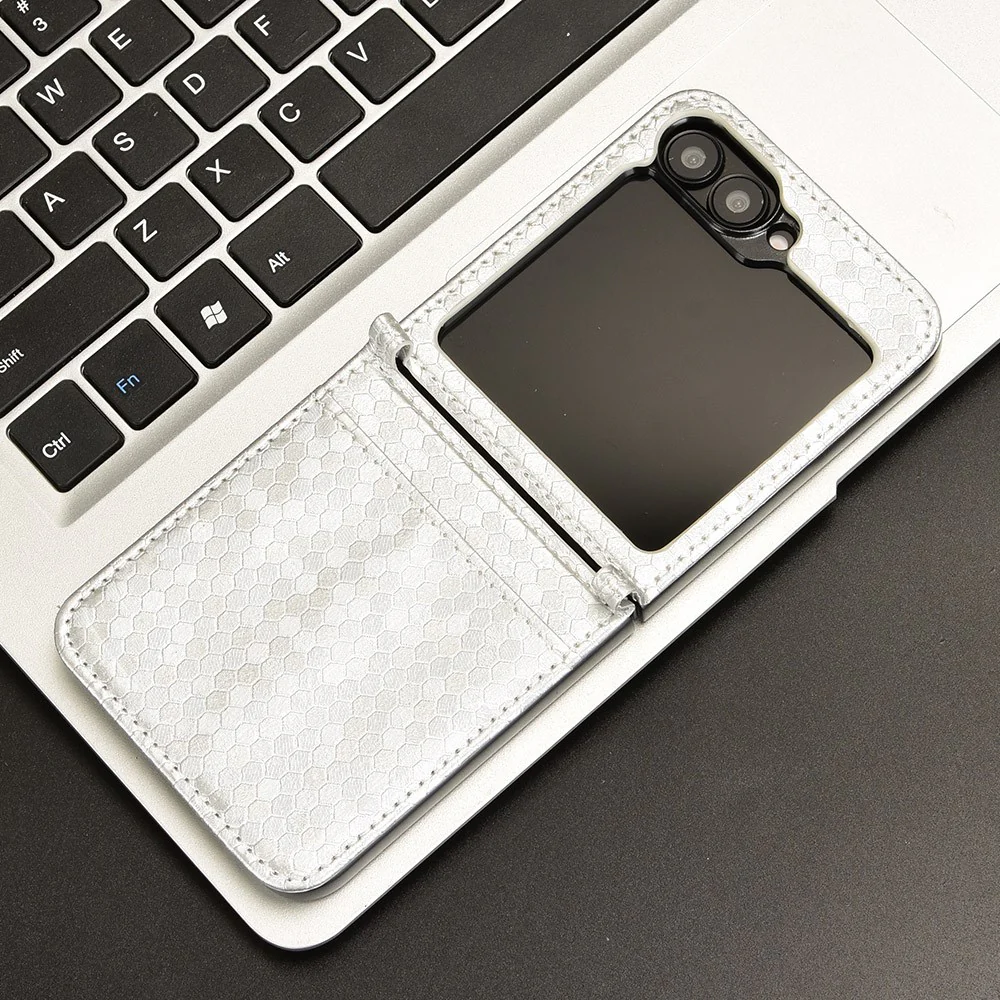 For Samsung Galaxy Z Flip7 FE 5G / Z Flip6 5G Phone Case with Card Holder Imprinted Dot Pattern Leather Phone Cover - Silver - Image 6