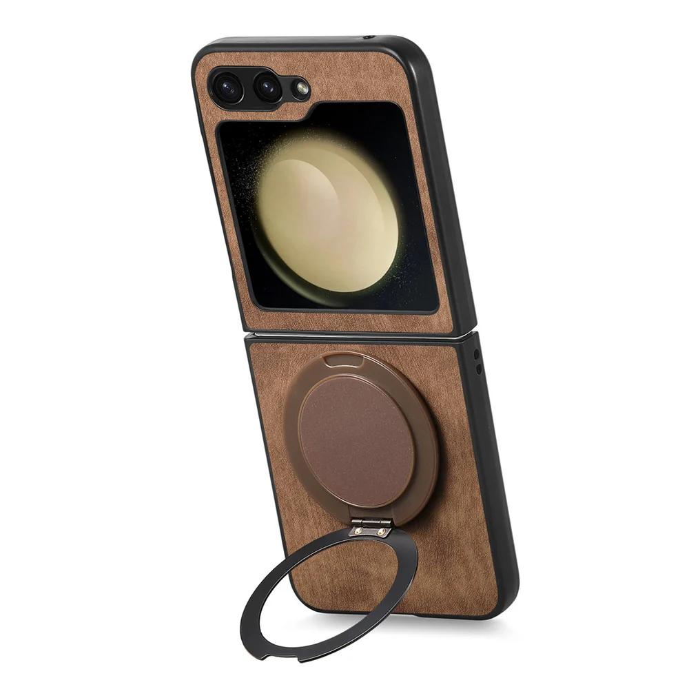 For Samsung Galaxy Z Flip7 FE 5G / Z Flip6 5G Phone Case with Rotating Kickstand Stress Relief Retro Leather Back Cover - Brown - Image 4