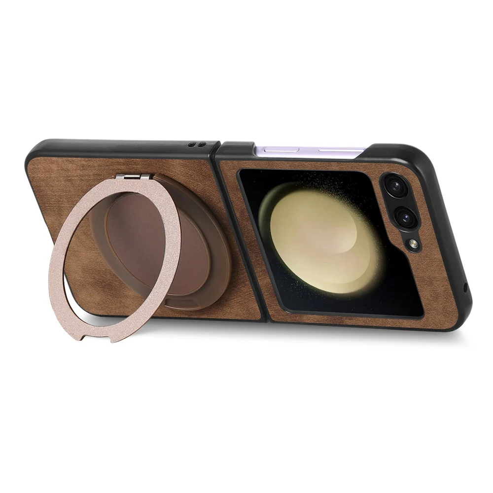 For Samsung Galaxy Z Flip7 FE 5G / Z Flip6 5G Phone Case with Rotating Kickstand Stress Relief Retro Leather Back Cover - Brown - Image 5