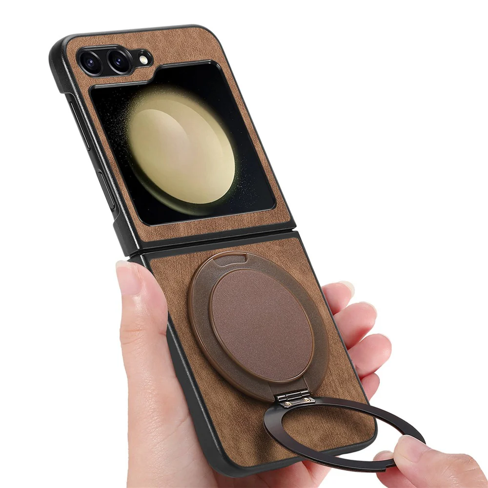 For Samsung Galaxy Z Flip7 FE 5G / Z Flip6 5G Phone Case with Rotating Kickstand Stress Relief Retro Leather Back Cover - Brown - Image 6