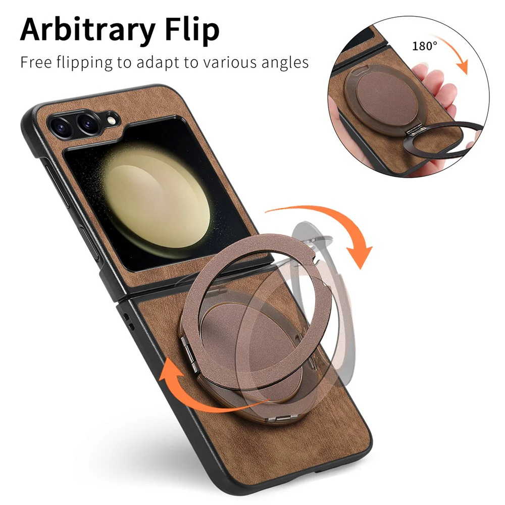 For Samsung Galaxy Z Flip7 FE 5G / Z Flip6 5G Phone Case with Rotating Kickstand Stress Relief Retro Leather Back Cover - Brown - Image 7