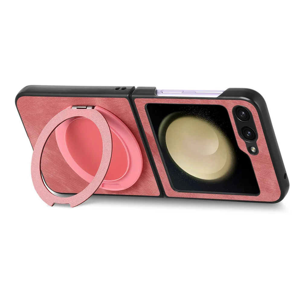 For Samsung Galaxy Z Flip7 FE 5G / Z Flip6 5G Phone Case with Rotating Kickstand Stress Relief Retro Leather Back Cover - Pink - Image 5