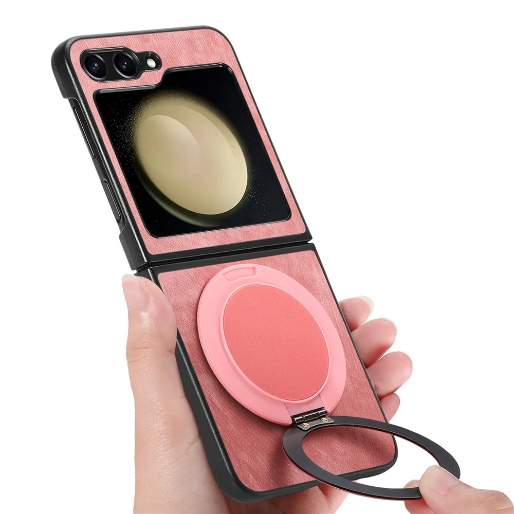 For Samsung Galaxy Z Flip7 FE 5G / Z Flip6 5G Phone Case with Rotating Kickstand Stress Relief Retro Leather Back Cover - Pink - Image 6