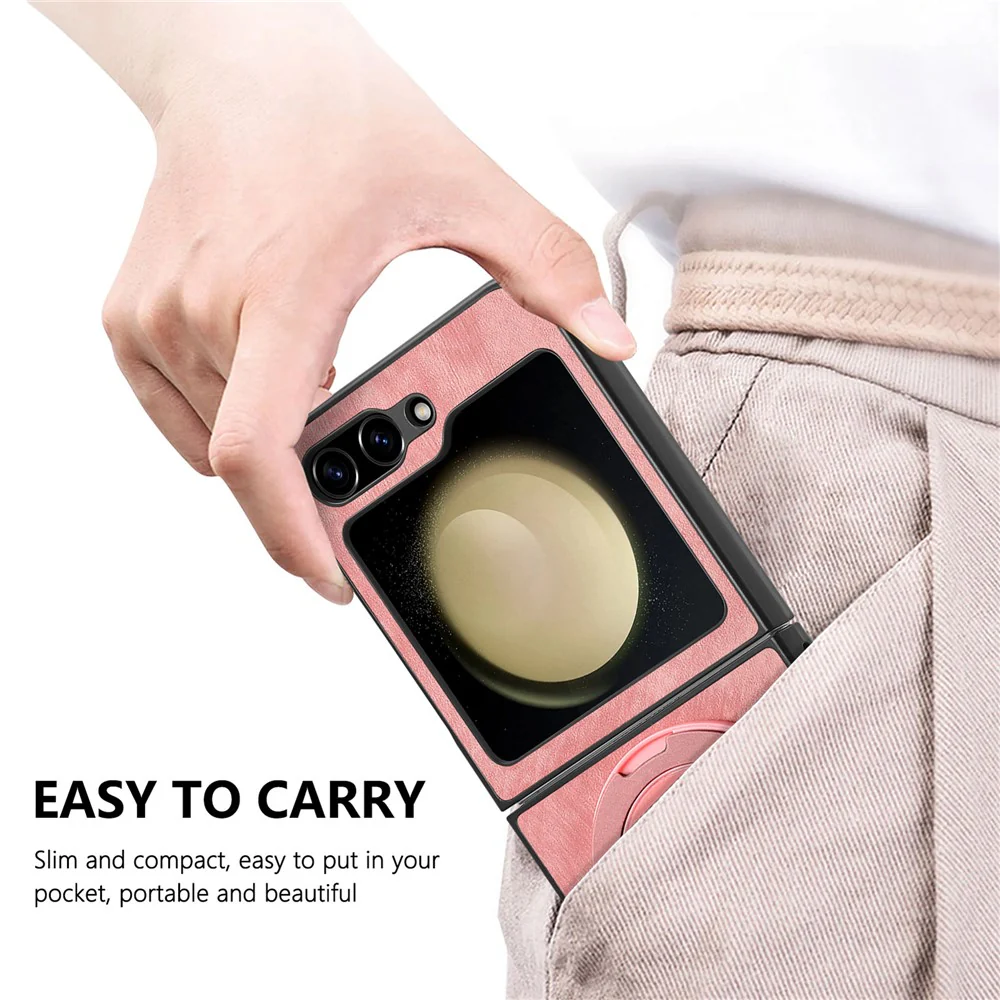 For Samsung Galaxy Z Flip7 FE 5G / Z Flip6 5G Phone Case with Rotating Kickstand Stress Relief Retro Leather Back Cover - Pink - Image 8