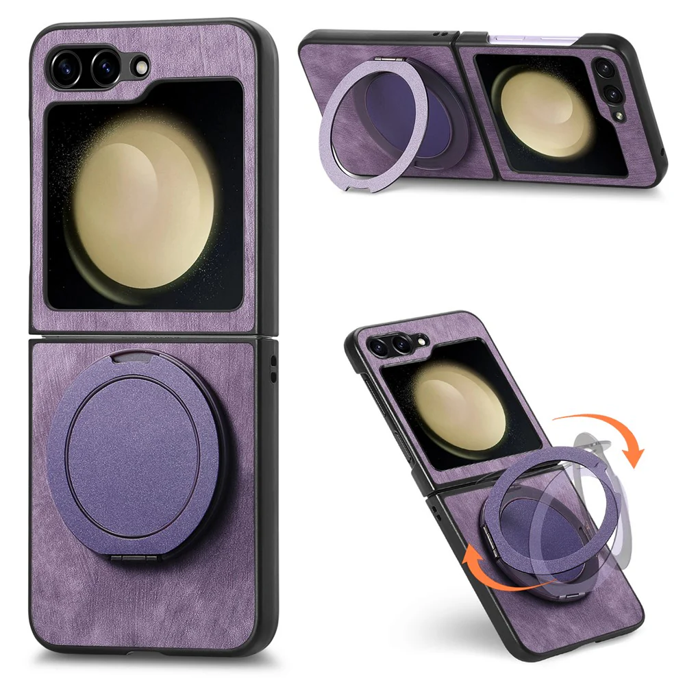 For Samsung Galaxy Z Flip7 FE 5G / Z Flip6 5G Phone Case with Rotating Kickstand Stress Relief Retro Leather Back Cover - Purple