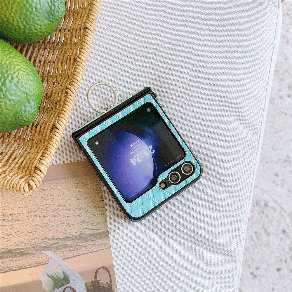 For Samsung Galaxy Z Flip7 FE 5G / Z Flip6 5G Rhombus Imprinted PU Leather Coated PC Phone Cover with Ring Kickstand - Baby Blue - Image 5