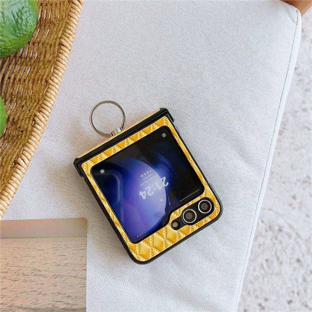 For Samsung Galaxy Z Flip7 FE 5G / Z Flip6 5G Rhombus Imprinted PU Leather Coated PC Phone Cover with Ring Kickstand - Yellow - Image 3