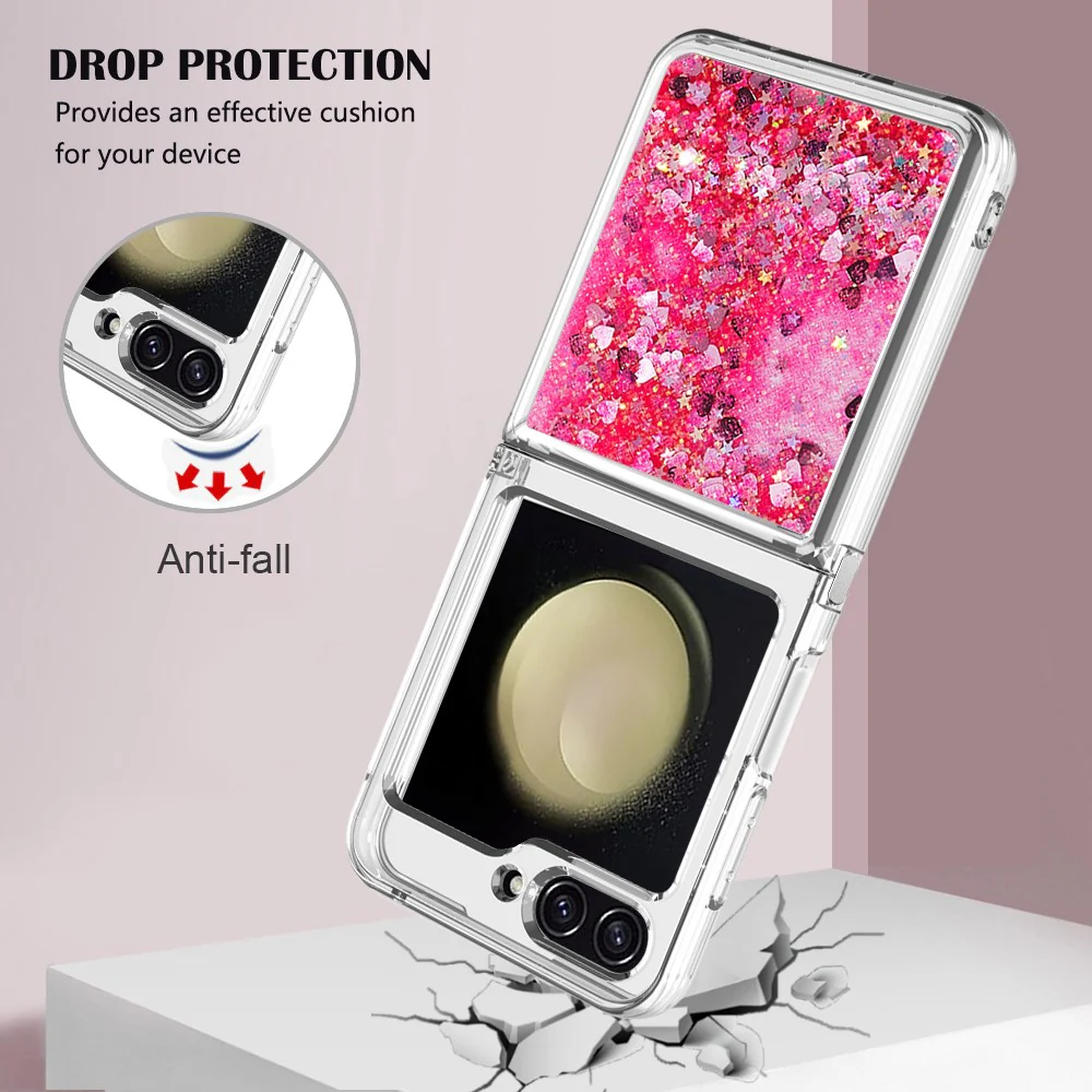 For Samsung Galaxy Z Flip7 FE 5G / Z Flip6 5G TPU Case Glitter Quicksand Shockproof Phone Back Cover - Pink / Hearts - Image 5