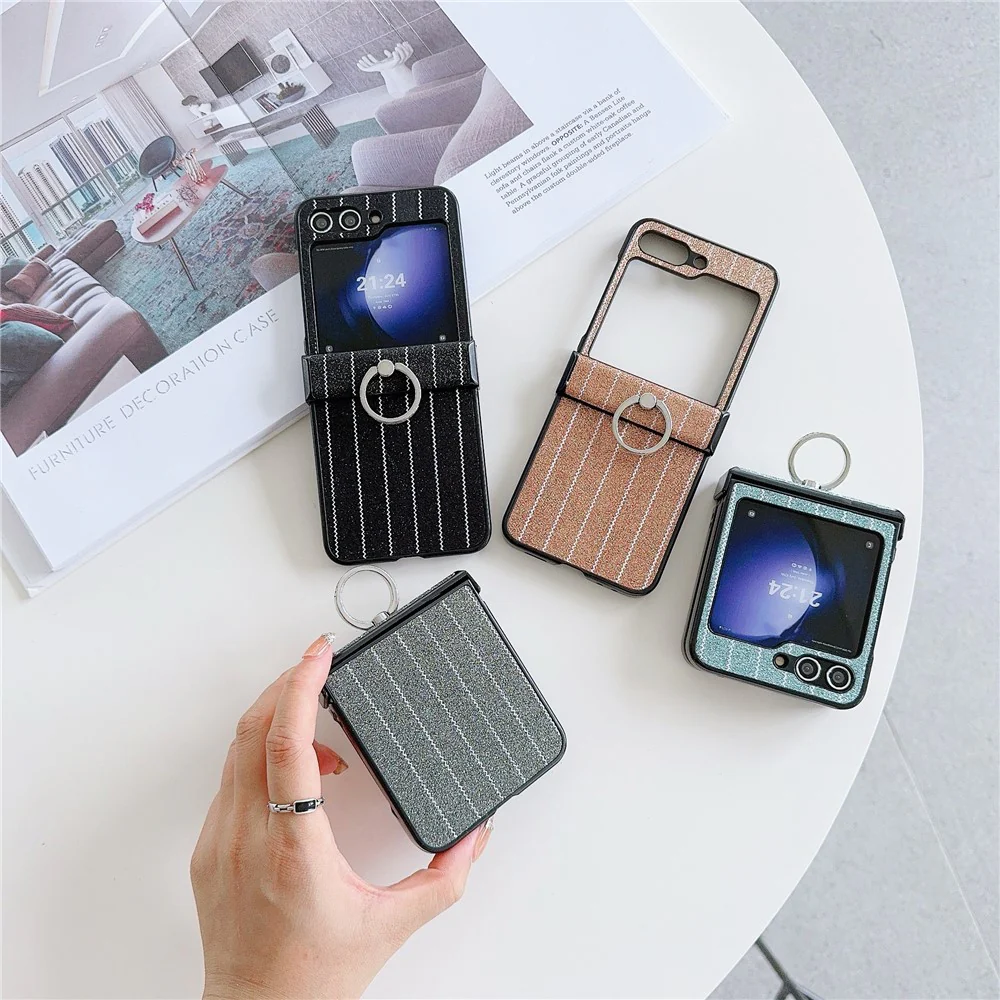 For Samsung Galaxy Z Flip7 FE 5G / Z Flip6 5G Wavy Stripes PU Leather Coated PC Phone Cover with Ring Kickstand - Black - Image 6
