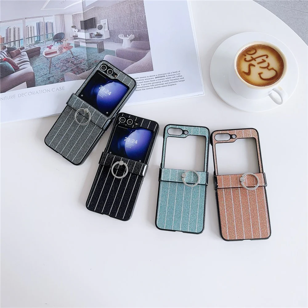 For Samsung Galaxy Z Flip7 FE 5G / Z Flip6 5G Wavy Stripes PU Leather Coated PC Phone Cover with Ring Kickstand - Gold - Image 4