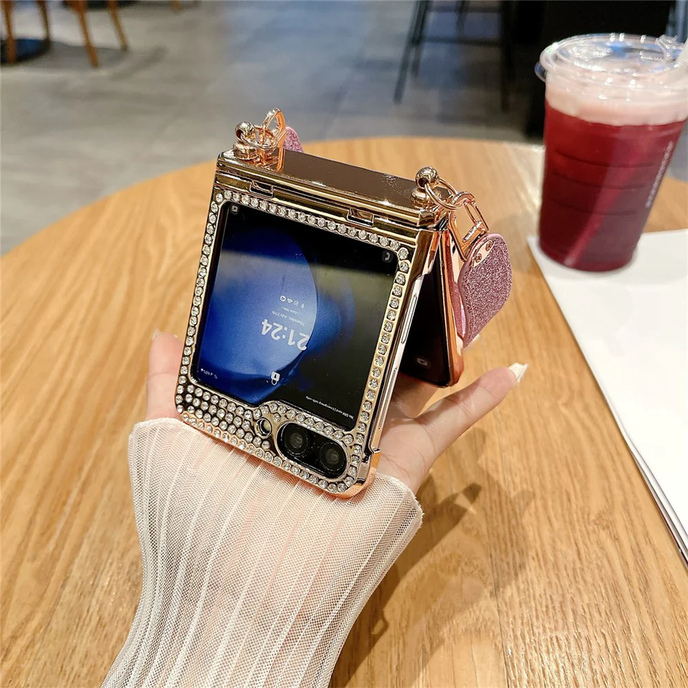 For Samsung Galaxy Z Flip7 FE 5G / Z Flip6 5G / Z Flip5 5 Case Hinge Protection Hard PC Glitter Phone Cover with Wrist Strap - Blue / Rhinestone Decor - Image 4