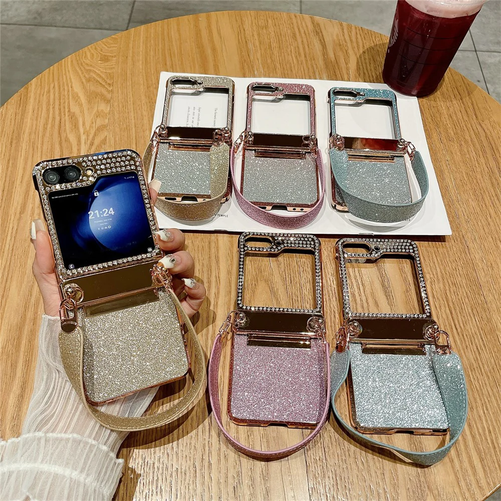 For Samsung Galaxy Z Flip7 FE 5G / Z Flip6 5G / Z Flip5 5 Case Hinge Protection Hard PC Glitter Phone Cover with Wrist Strap - Blue / Rhinestone Decor - Image 8