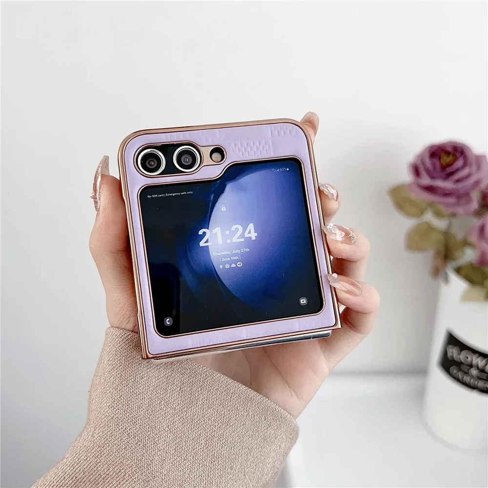 For Samsung Galaxy Z Flip7 FE 5G / Z Flip6 5G / Z Flip5 5G Case Electroplating Frame Leather + PC Grid Texture Phone Cover - Pink - Image 3