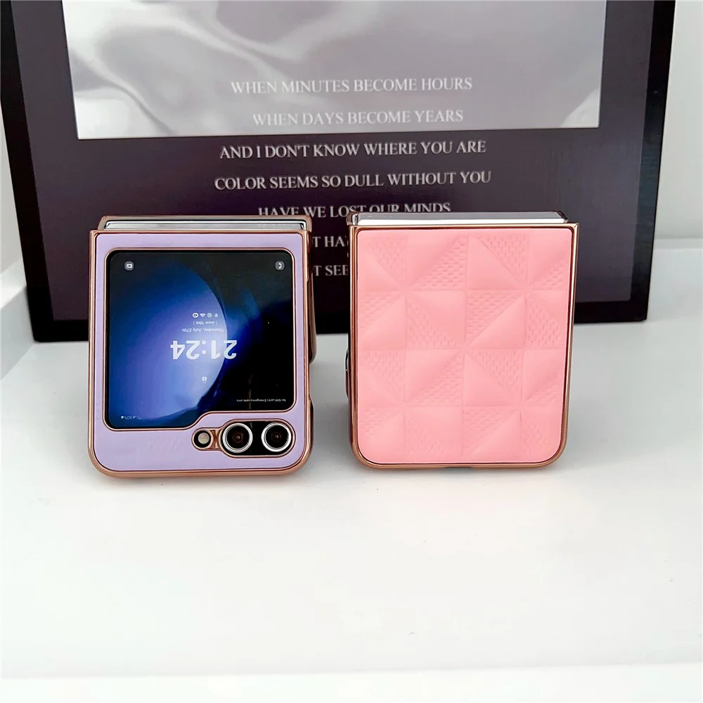 For Samsung Galaxy Z Flip7 FE 5G / Z Flip6 5G / Z Flip5 5G Case Electroplating Frame Leather + PC Grid Texture Phone Cover - Purple - Image 7